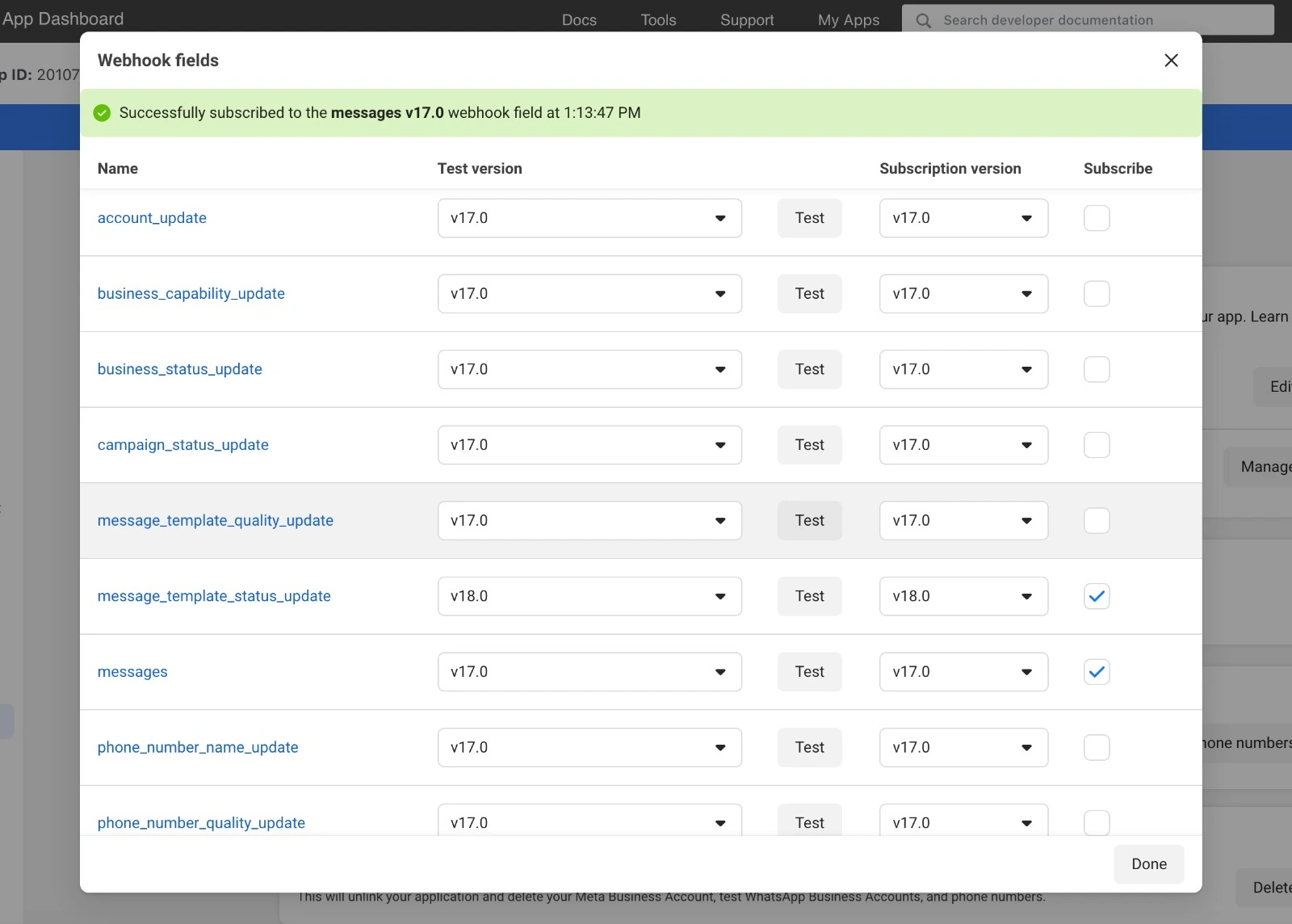 Subscribe to webhook fields